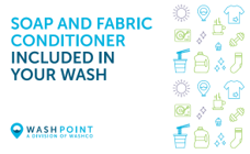 A sticker with text saying Soap and fabric conditioner included in your wash